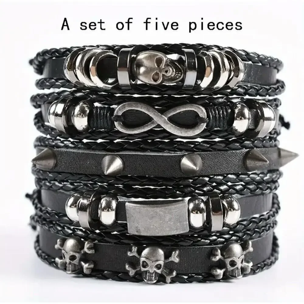 Set of 5 Gothic Punk Skull Head Biker Bracelet Unisex Grunge Adjustable Rock